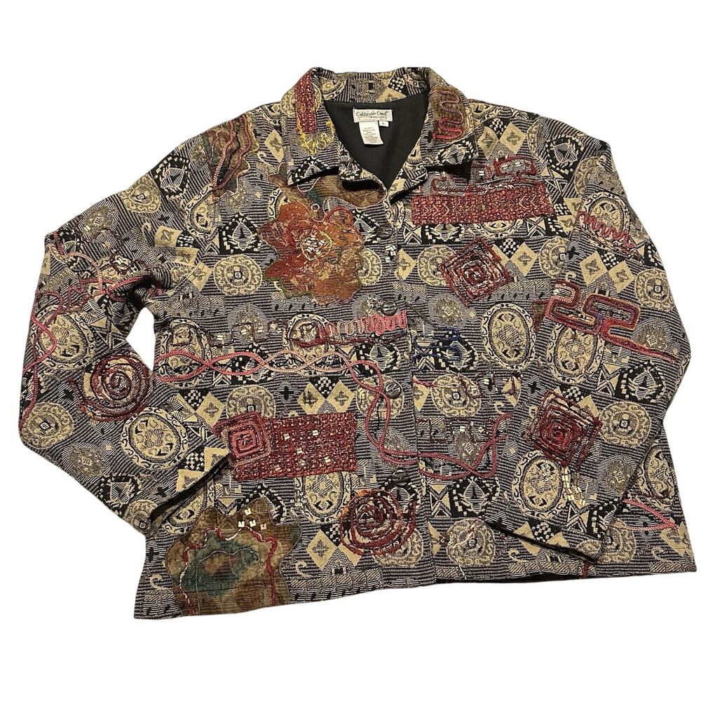Coldwater Creek Embroidered Tapestry Jacket Artsy Oversized Cotton Women’s Sz XL